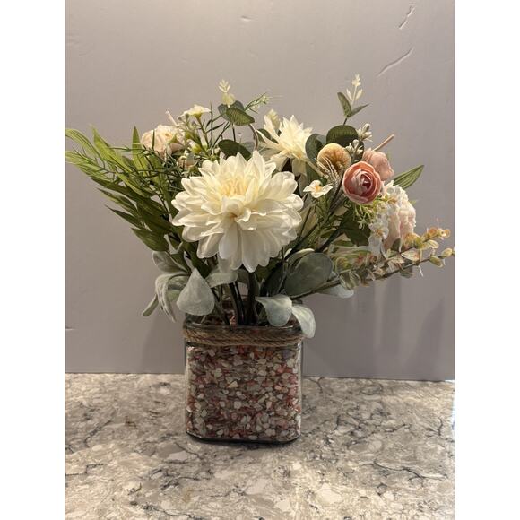 Spring Silk Floral Arrangement Clear Glass Vase Shell Chips Beach Decor - Picture 5 of 9